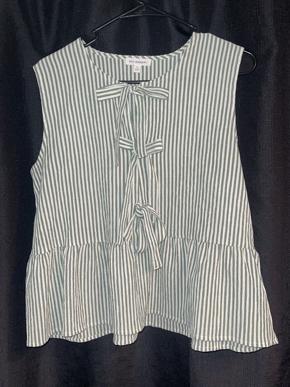 Blu Pepper Green and White Vertical Stripe Tie-Front Peplum Tank